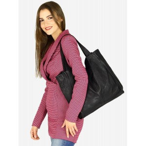 34■ Shopper Damen Schwarz & Beige Leder Tasche mit reißverschluss